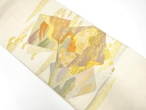 アンティーク　綴れ　色紙散らしに扇・雲模様織り出し袋帯（材料）